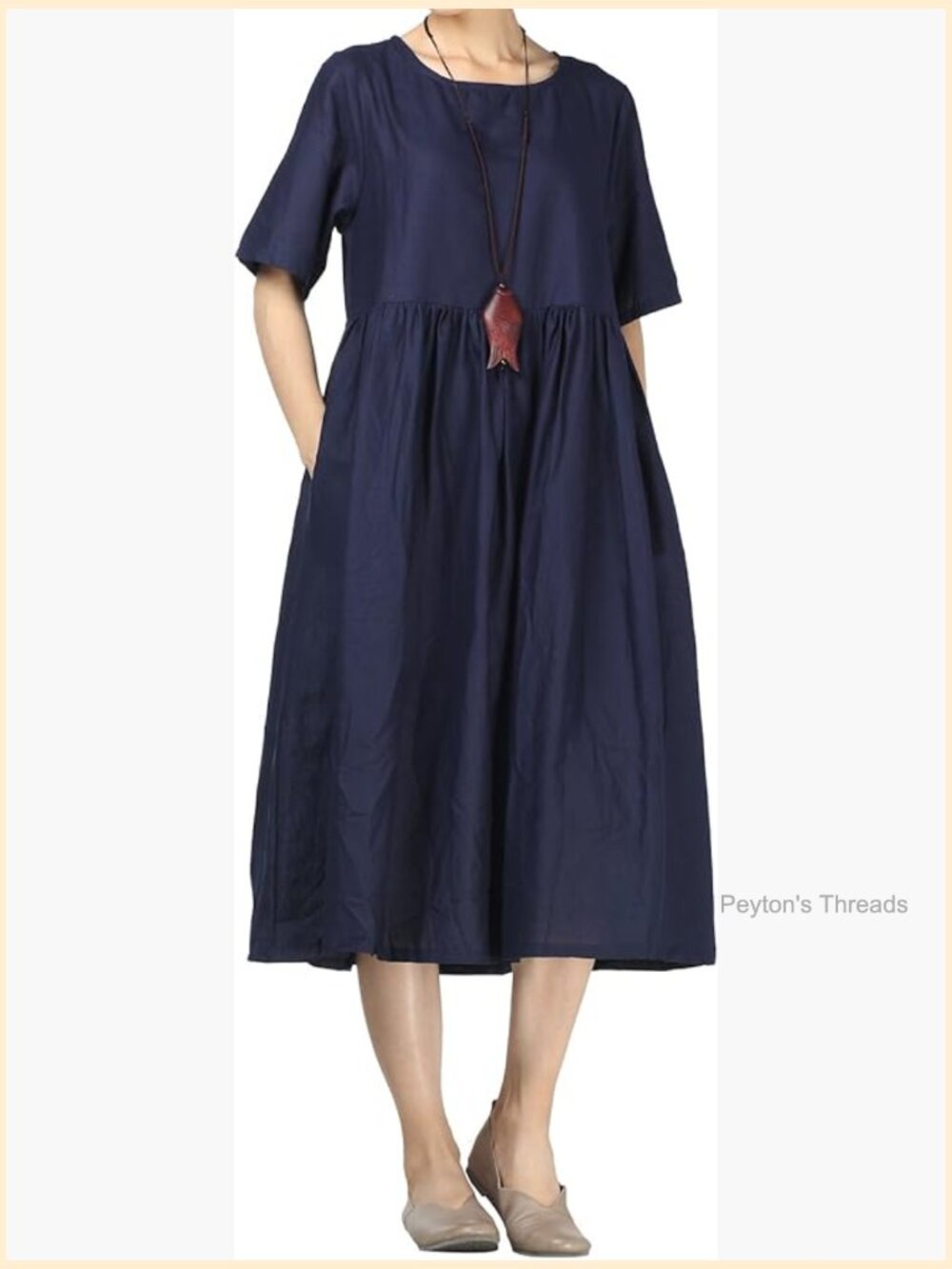 Linen Midi Dress with Pockets Short Sleeve Crew Neck Casual Summer